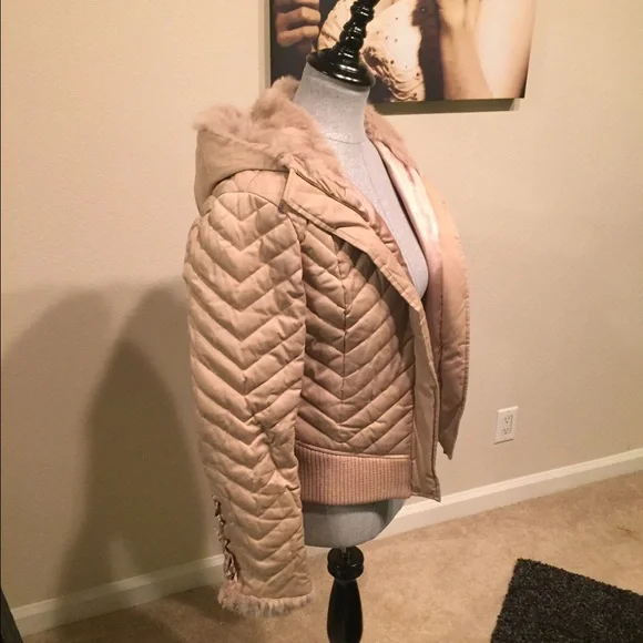 bebe Quilted Tan Jacket with Fur Trim - Picture 2 of 2